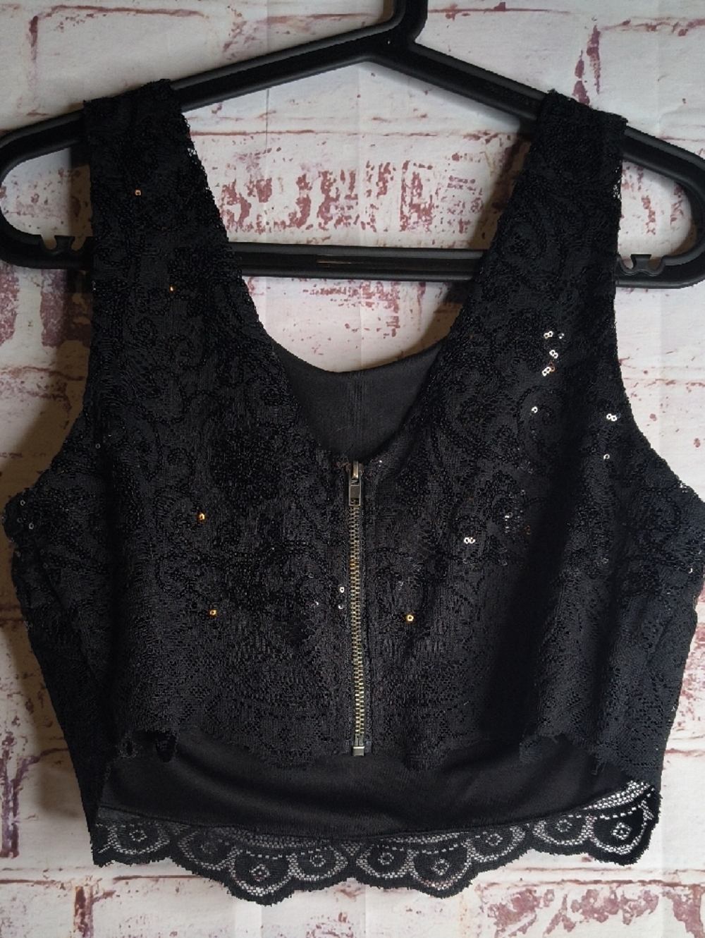 Black Lace Sequin Cropped Tank Top Woman's Small - Picture 2 of 4
